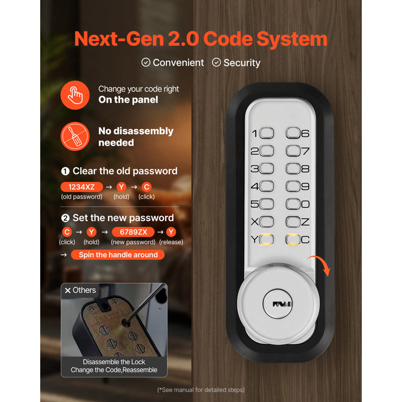 Mechanical Keyless Entry Door Lock, 2.0 Code Upgrade, 4-7 Digits Code, Single-Sided Push Button Combination Mechanical Keypad Door Knob, Auto Locking, Indoor or Outdoor, Silver
