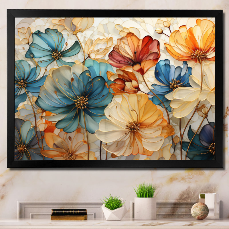 «Teal Orange Petal Mosaics II - Abstract Botanicals», art mural sur toile, H 24 po x l 32 po, Cadre photo unique, Doré