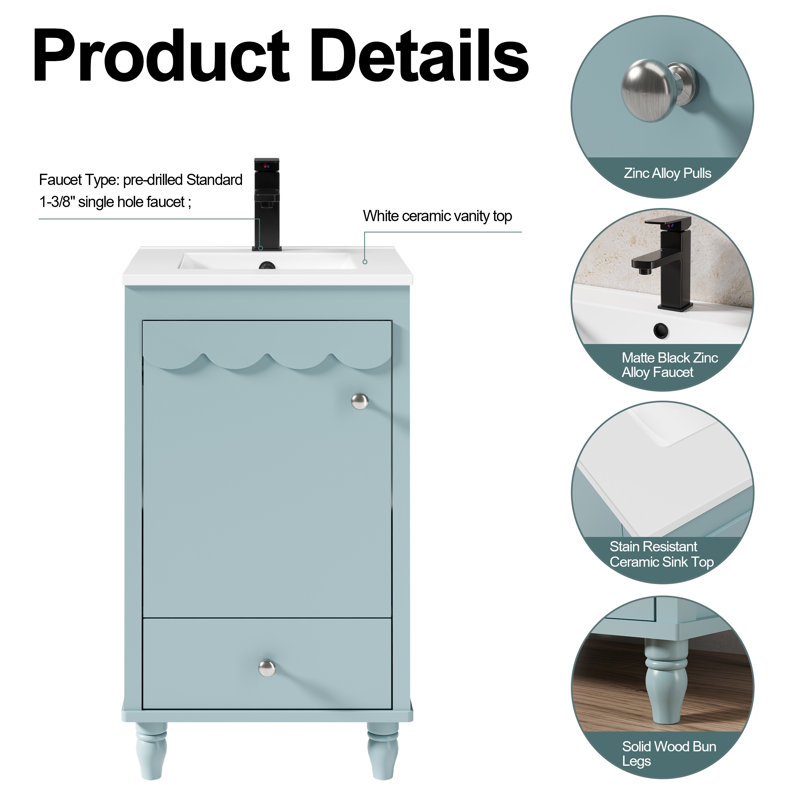 Petit meuble-lavabo simple 18 po avec comptoir en céramique Gamlet, robinet et rebord ondulé Gamlet, Bleu