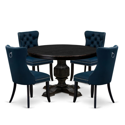 L'ensemble de table de salle à manger 5 pièces comprend une table ronde de 48 po avec piédestal et 4 chaises rembourrées en tissu de polyester bleu marine, noir sablé