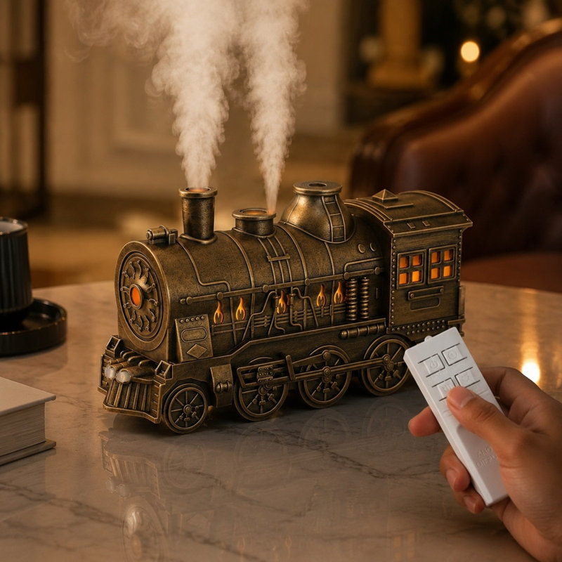 Diffuseur d'huiles essentielles vintage en tissu, motif locomotive, humidificateur, USB, diffuseur d'aromathérapie avec brumisation, idéal pour la décoration de la maison, du bureau ou du bureau.