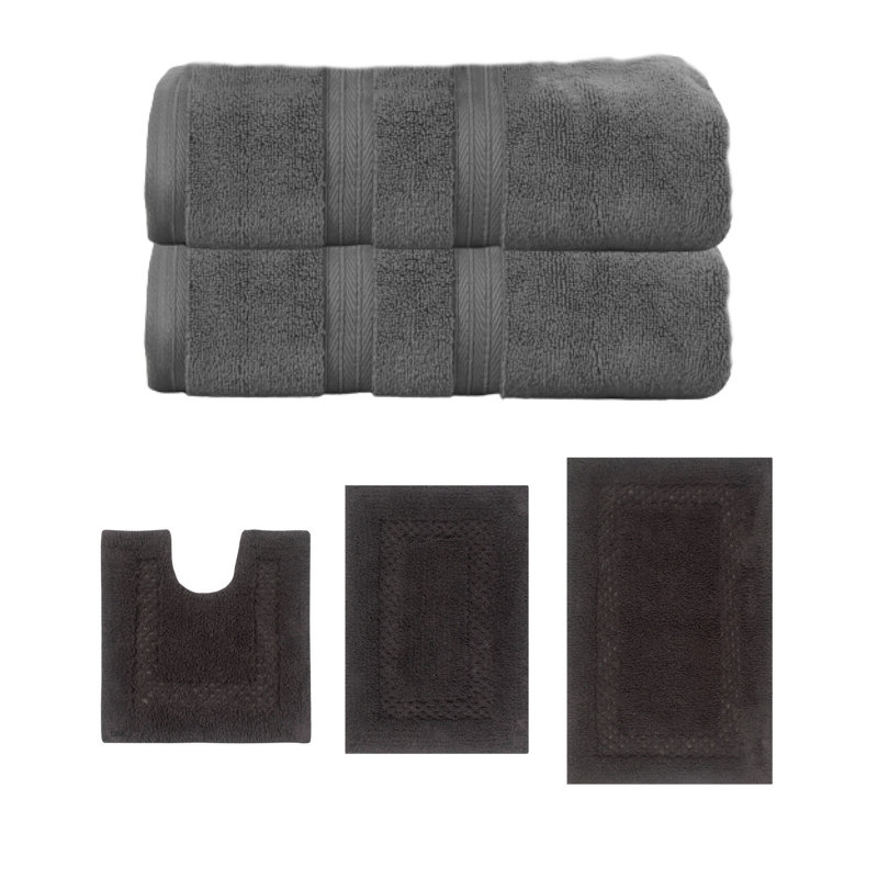 Ensemble de serviettes de bain 2 pièces et tapis de bain 3 pièces Classy, ensemble de 5, turquoise, Gris foncé