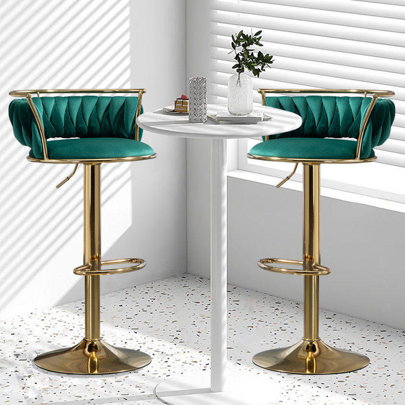 Tabouret de bar pivotant avec dossier Ginko, Vert foncé, Doré