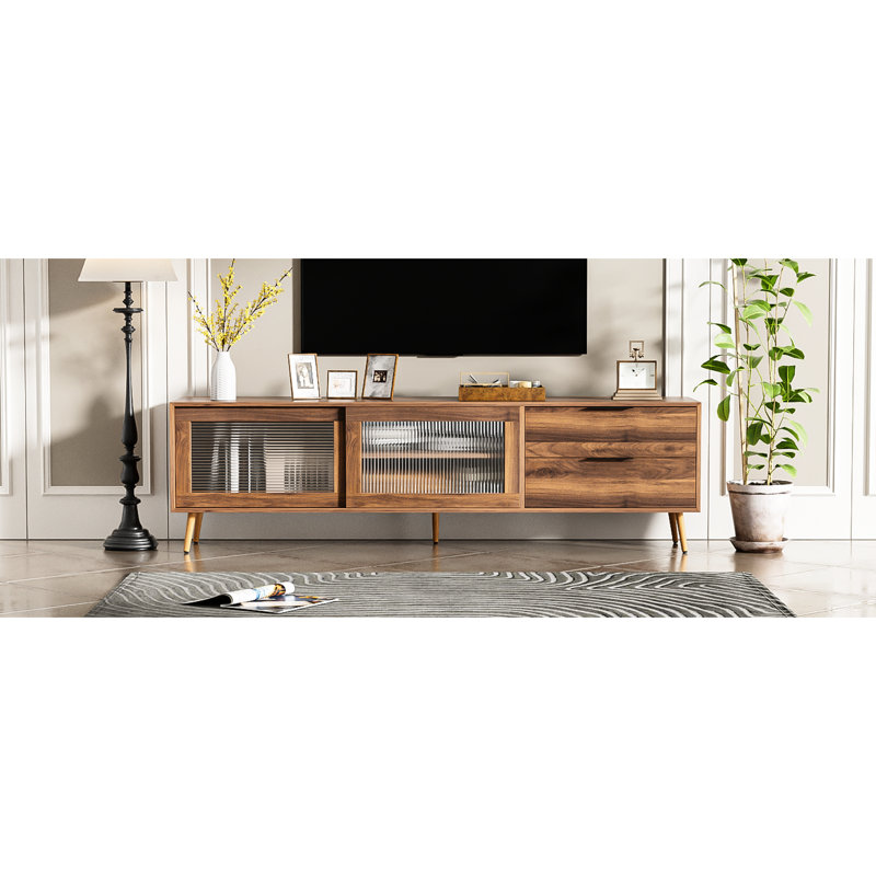 Meuble télé 75 po avec portes en verre, 2 tiroirs et armoire de rangement Modern