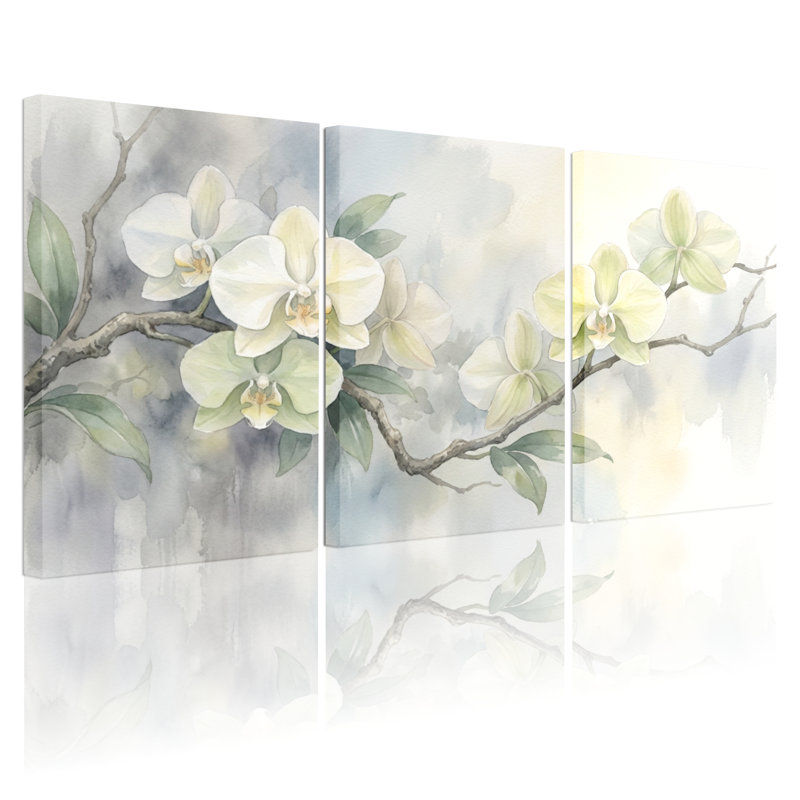 Ensemble de 3 tableaux muraux aquarelle représentant des orchidées blanches, parfaits pour le salon, la chambre ou la décoration intérieure.