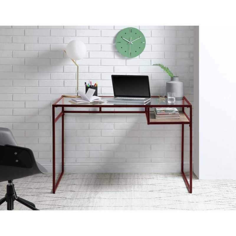 Bureau d'écriture moderne avec dessus en verre avec rangement ouvert, parfait pour le bureau à domicile et les espaces d'étude
