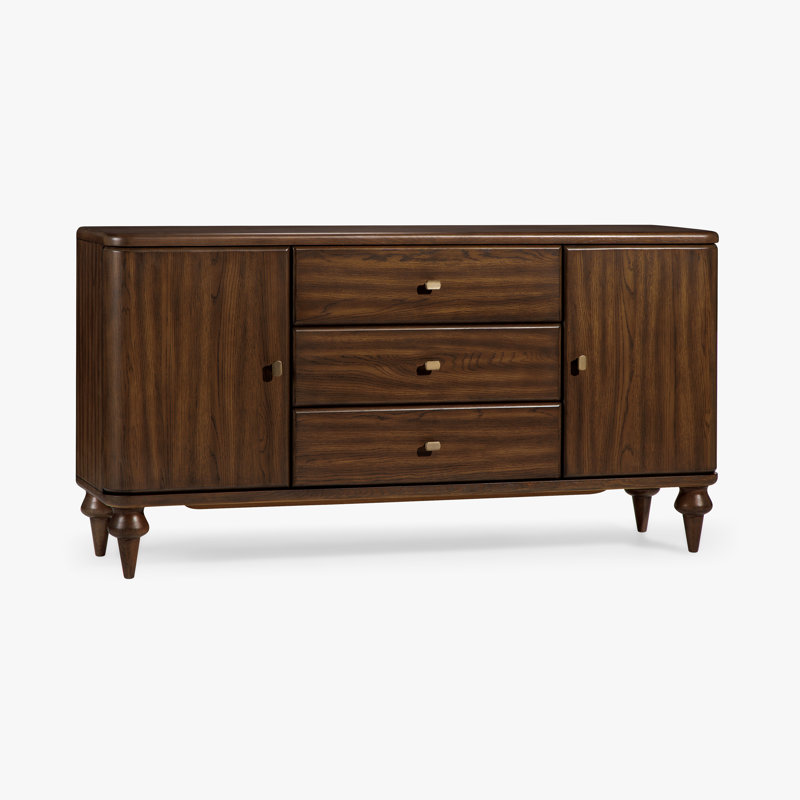 Louie Rectangular Buffet Sideboard Cabinet Walnut Finish with Curved Sides and Turned Legs for Dining Storage