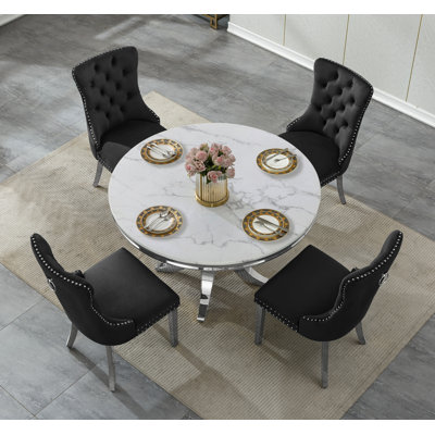 44.88" Round Dining Table Set for , Kitchen Table with Faux Marble Top, Dining Room Table & Velvet Chairs with Stainless Steel Pedestal, Piece Dining Table Set