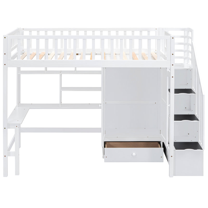 Lit mezzanine simple blanc avec bibliothèque, tiroirs, bureau et garde-robe. Conception fiable de la hanche, Blanc