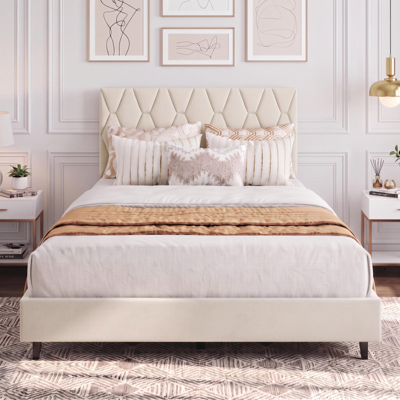 Full Size Bed Frame with Upholstered Adjustable Headboard, Beige