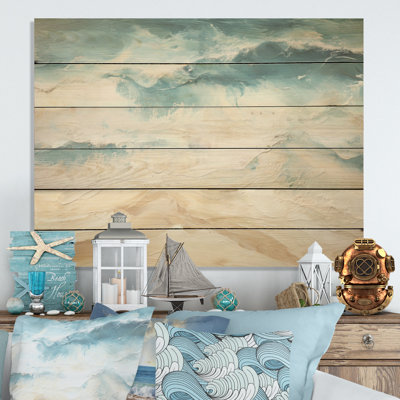 «Modern Coastal Beige and Blue Beach I», art mural en bois océan côtier sur bois de pin naturel