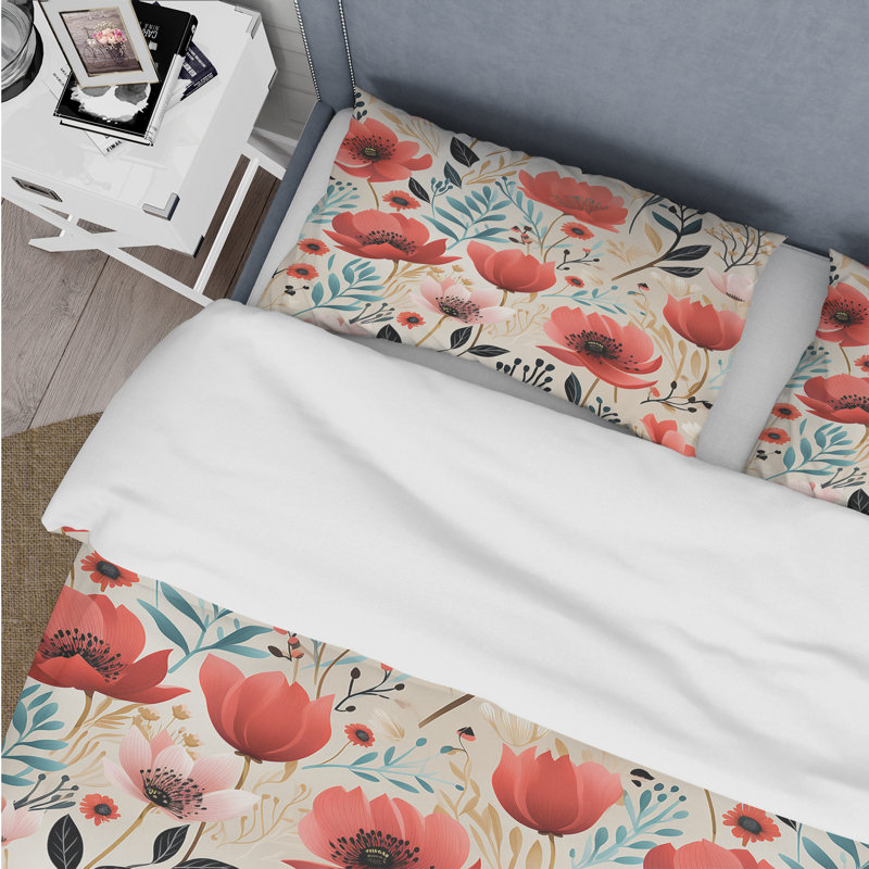 Watercolor Poppies Red And White Floral Pattern I - Ensemble de housse de couette à motif floral