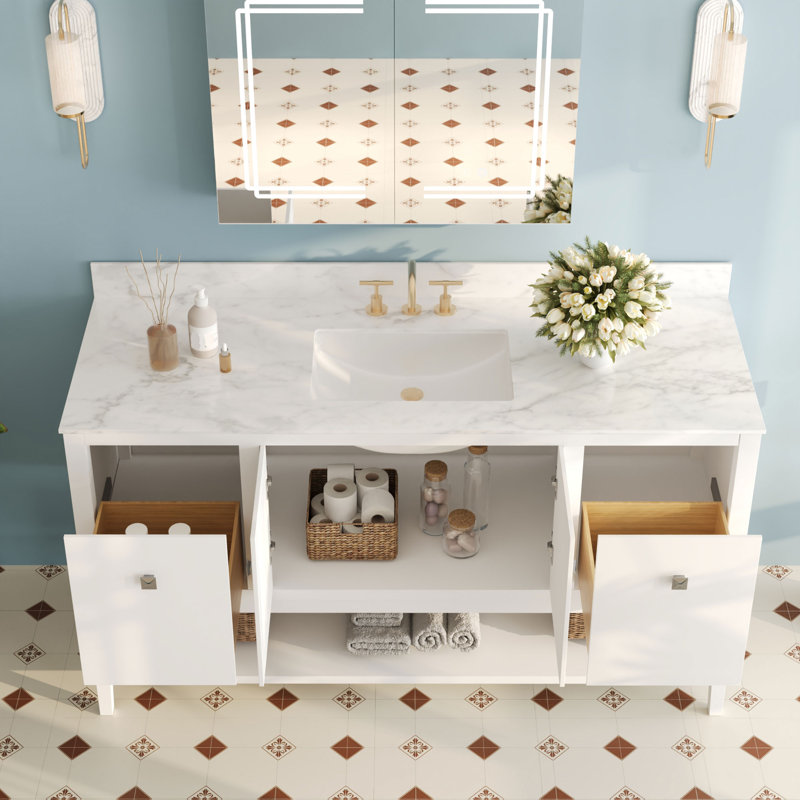  Vela 60" Fully Assembled Single Bathroom Vanity with Engineered Marble Top, Soft Closing and Splash Guard, White