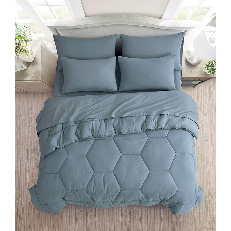 Washed Microfiber 7-Pieces Honeycomb Comforter Set with Sheets, Twin Comforter + 4 Additional Pieces, Dusty Blue