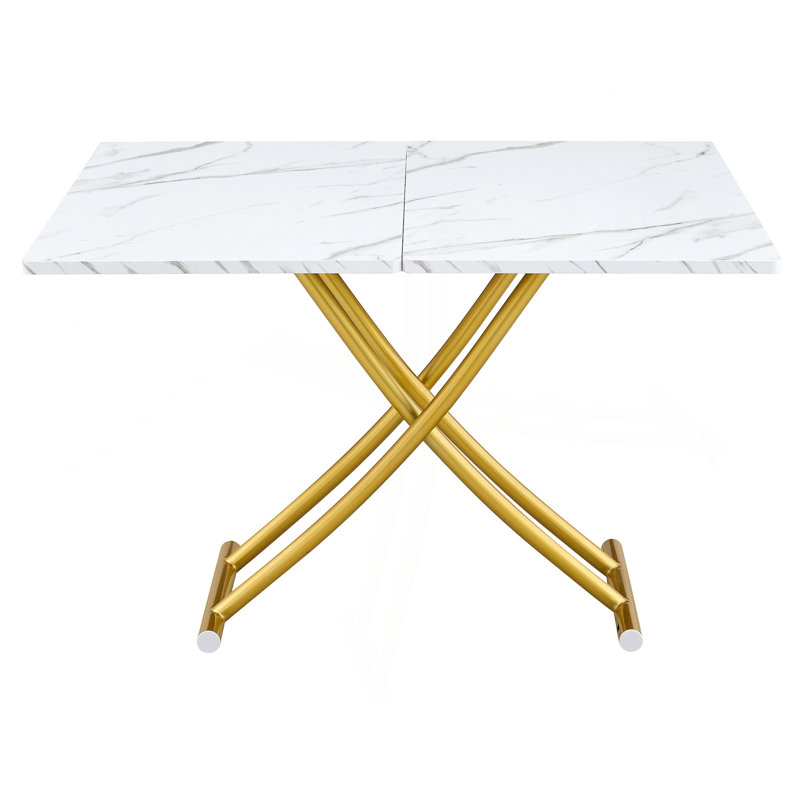 Table élévatrice multifonctionnelle moderne avec plateau en panneau de fibres à densité moyenne de 0,8 po d'épaisseur et pieds en métal doré, pouvant être utilisée comme coiffeuse, table basse, table de salle à manger et table de bureau. Bureau texturé blanc.