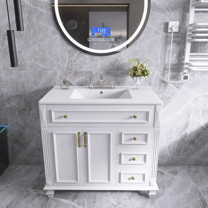 Ensemble de meuble-lavabo autoportant en bois massif et en panneau de fibres à densité moyenne 36 po avec tiroir rabattable, 3 tiroirs, 2 portes à fermeture en douceur et plateau en céramique intégré