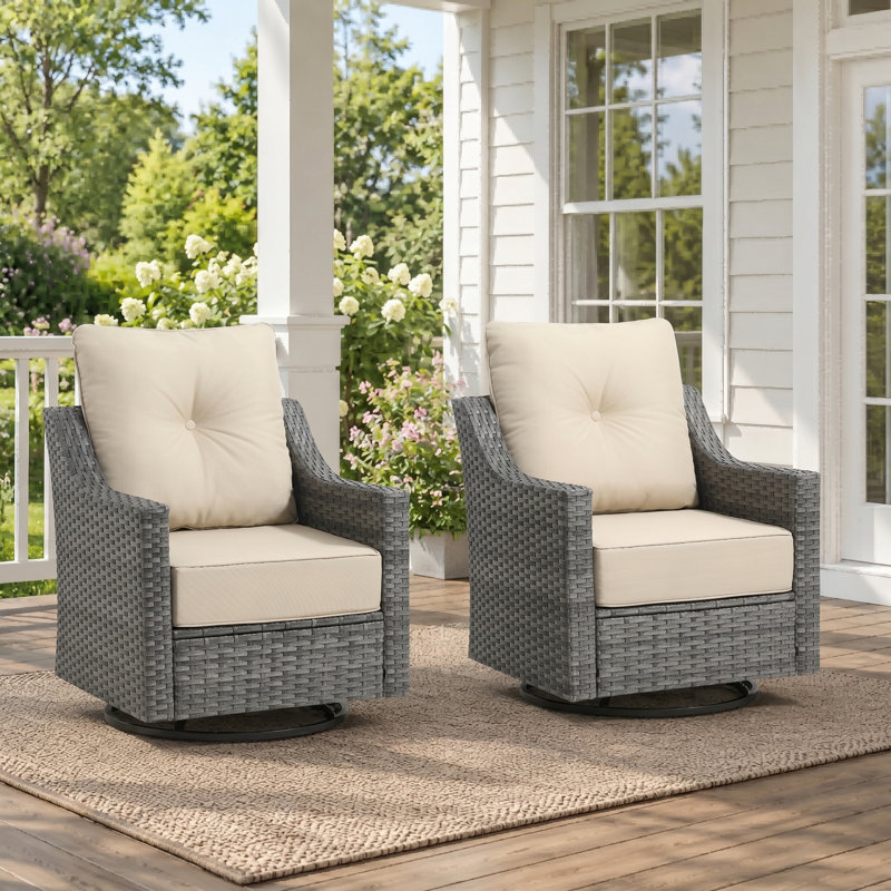 Swivel Patio Chairs Set of 2, Outdoor Wicker Swivel Rocker Chairs with 6" Thick Cushions, All Weather Wicker Patio Furniture Set for Porch, Balcony, Garden, Gray Wicker/beige