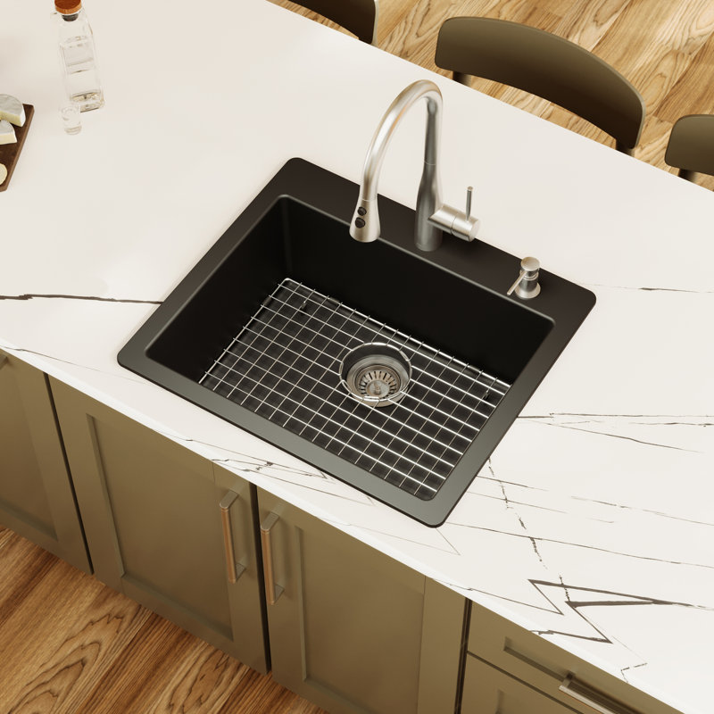 Karran Quartz 25'' X 22'' Single Bowl Drop-in Kitchen Sink Kit, Black