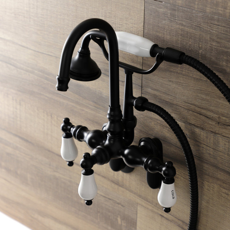 Kingston Brass Aqua Vintage Three-Handle 2-Hole Tub Wall Mount Clawfoot Tub Faucet with Hand Shower