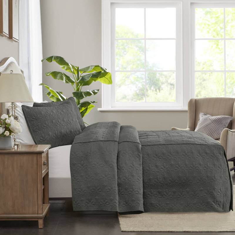 Couvre-lit plissé en coin 3 pièces Québec, Gris, Grand