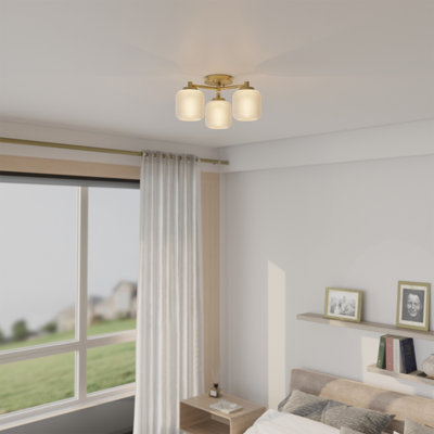 Plafonnier encastré 3 lumières en laiton avec abat-jour en verre nervuré givré