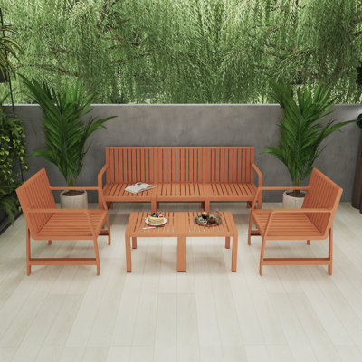 Five-piece indoor/outdoor pp furniture set, 3-seater long chair, 2 chairs & 2 coffee tables, easy assembly patio conversation set