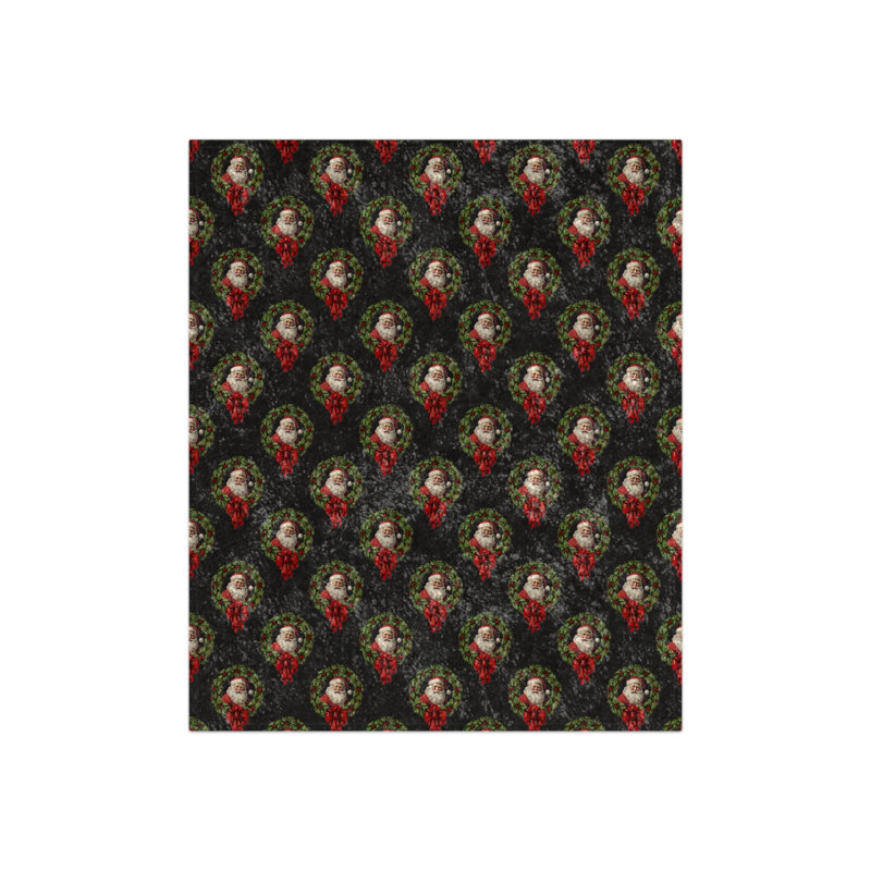 Couverture en velours froissé / Père Noël rétro dans une couronne, Noir / blanc / vert / gris / rouge