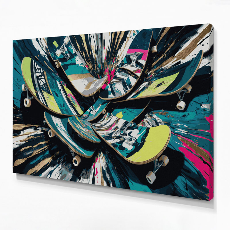 Art sur toile gris, transport, planche à roulettes et longboard, H 20 po x l 30 po