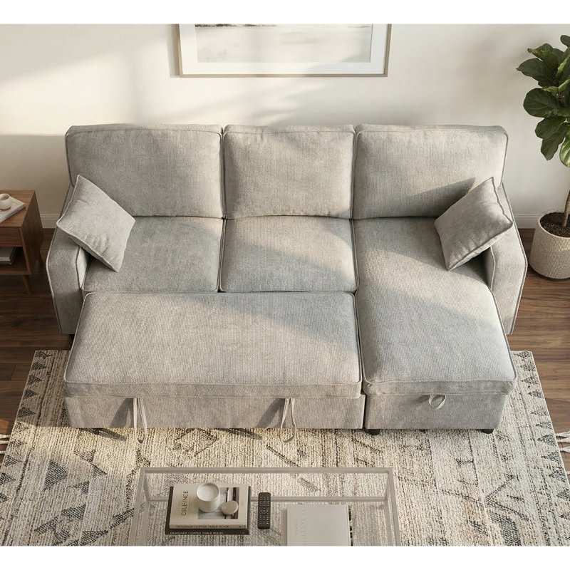  89 " Folding Convertible Sofa Bed,L Shape Sectional Sofa With 2 Cup Holders on Back Cushions & Side USB Port, Light Gray