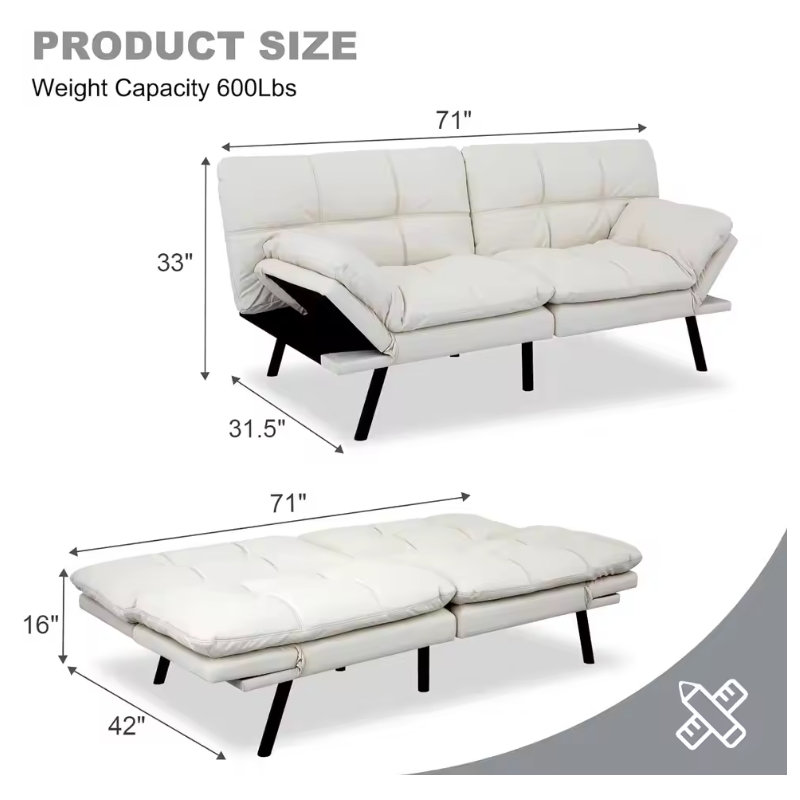Novisha Memory Foam Convertible Sofa , White Faux Leather