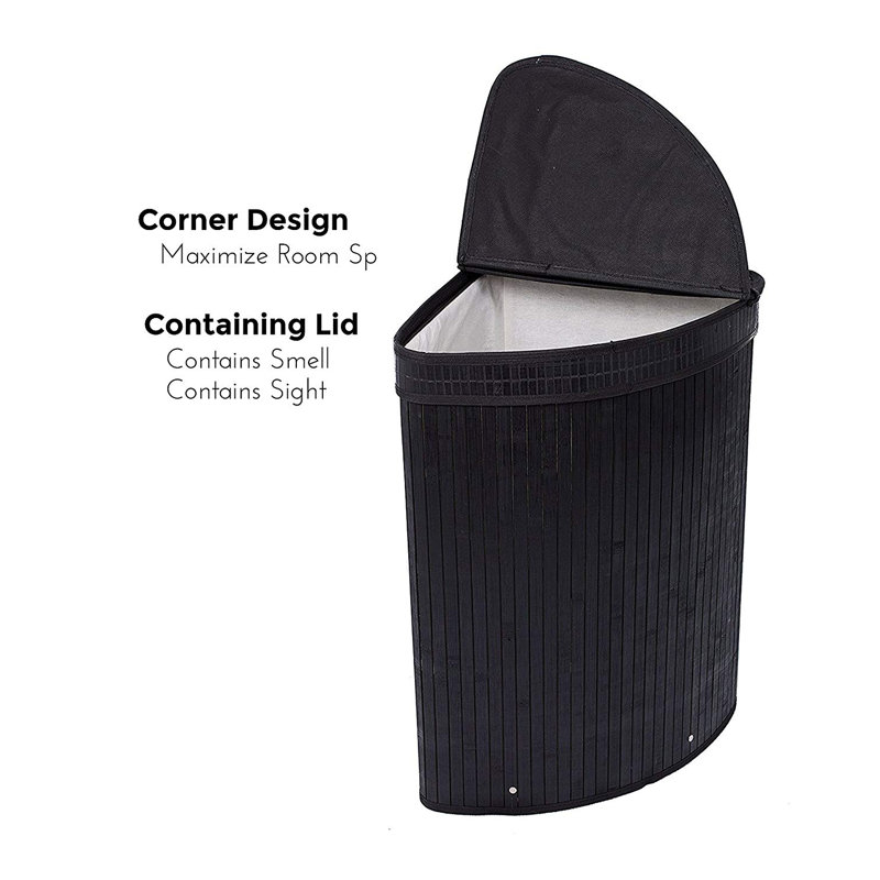 Black Bamboo Collapsible Corner Laundry Hamper with Lid