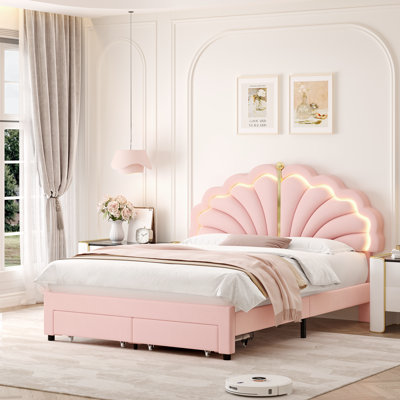 Upholstered LED Bed, Princess Bed Frame with Drawers