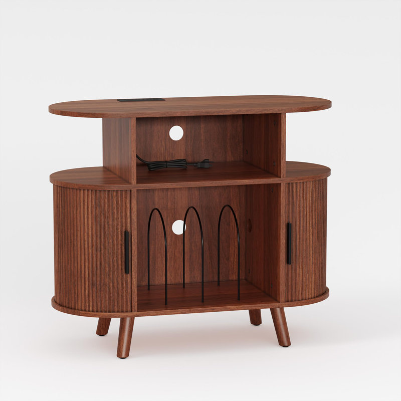 55" Round Record Player Stand with Storage and Charging Station, Mid-Century Modern Turntable Cabinet with USB Ports & Power Outlets for Vinyl, Living Room, Bedroom