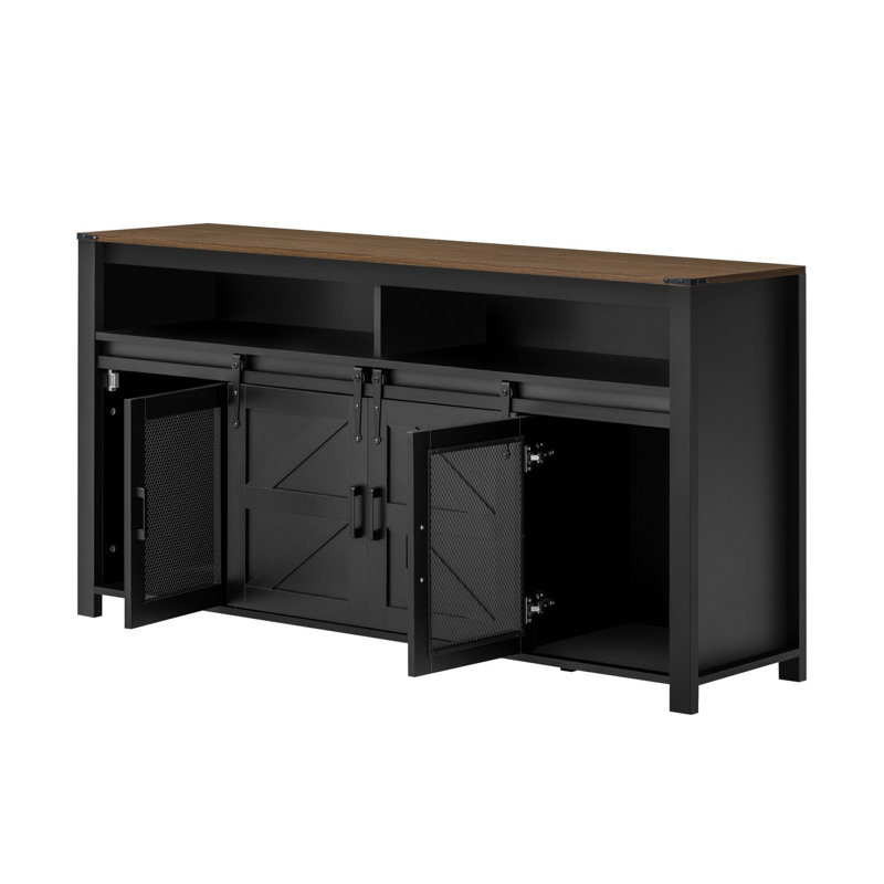 59.3" Farmhouse Sideboard with Sliding Barn Doors, Rustic Buffet Cabinet with Iron Mesh Panels and Open Storage, Multi-Functional Storage Cabinet for Living Room, Kitchen and Office, Melamine Finish