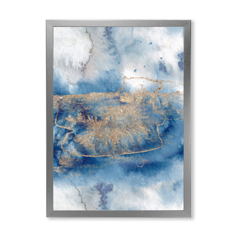 Abstrait classique bleu et or I - peinture sur toile, H 44 po x l 34 po, Cadre de coin argenté fermé