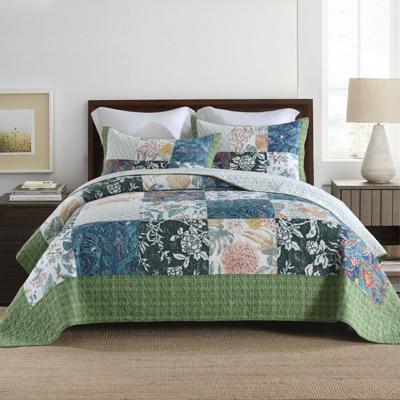 Ensemble de courtepointe réversible 100% coton à motif floral, Vert, Édredon très grand et 2 très grandes taies déc