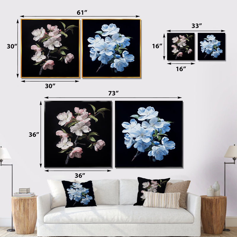Élégance monochromatique blanche à motif de fleurs de pommier blanc, Cadre flottant noir, H 16 po x l 33 po