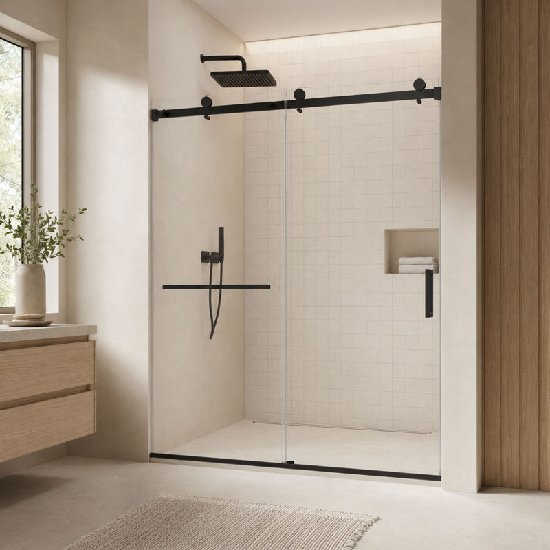 Porte de douche coulissante sans cadre Cascada 56-60 po L x 76 po H avec rail supérieur et poignée en acier inoxydable, verre trempé de 6 mm (1/4 po), noir mat