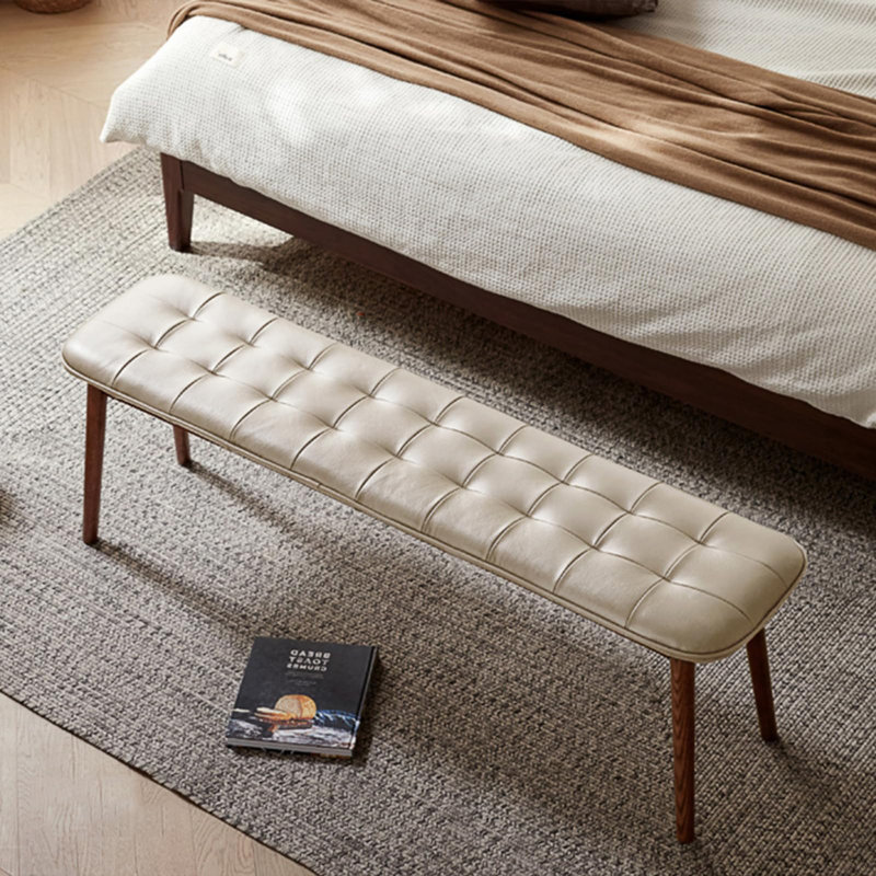 Versatile Wood Bench with Leather Cushion for Various Rooms, Walnut, Off White