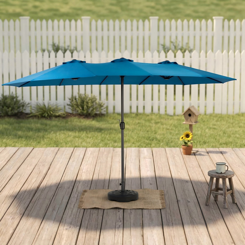 Parasol d'extérieur rectangulaire extensible de 14,8 pieds avec auvent double-face, équipé d'un mécanisme à manivelle (abat-jour bleu foncé, base non incluse)