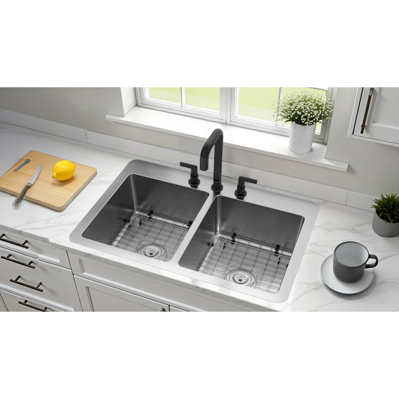 Kingston Brass Calgary 33-Inch Stainless Steel Double Bowl Dual Mount Kitchen Sink With Drain, 3