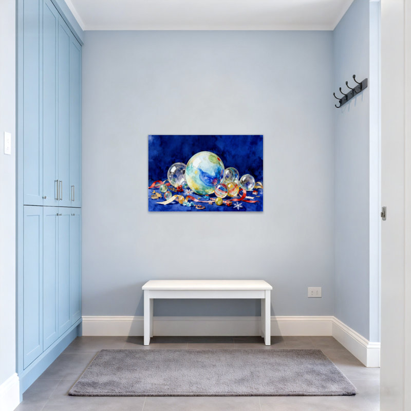 Ornements de Noël sur fond bleu, H 28 po x l 40 po