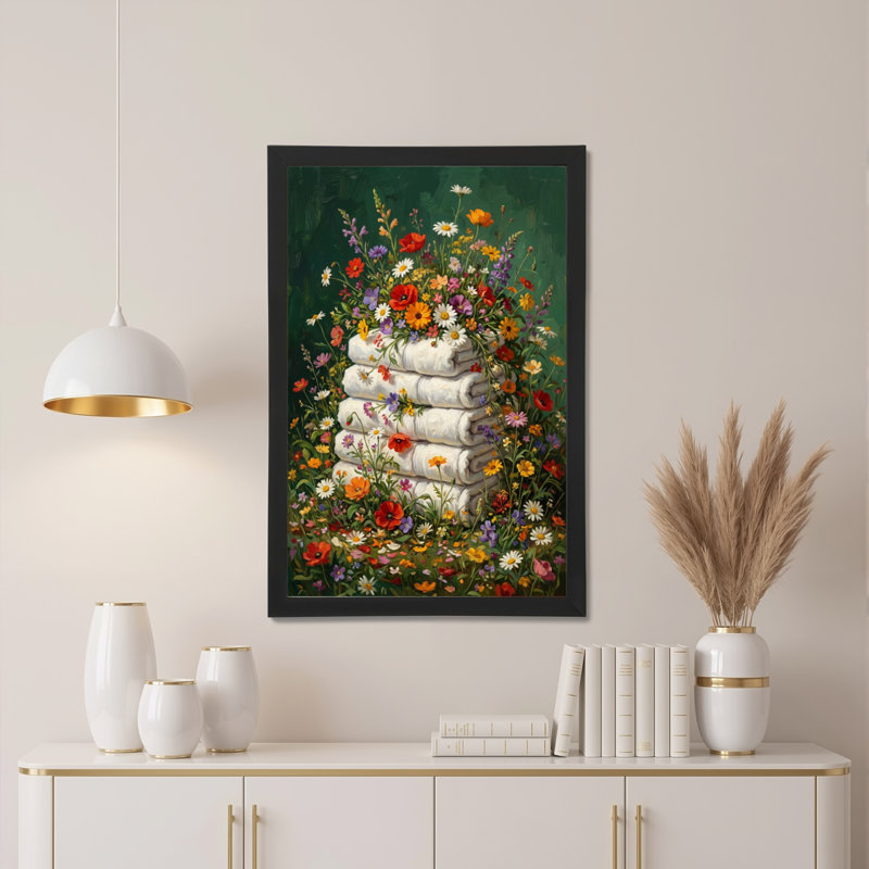 Ensemble de 1 tableau sur toile à motifs floraux représentant des serviettes empilées, H 36 po x l 24 po