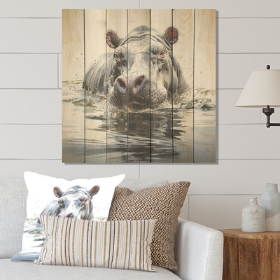 Gris majestueux hippopotame élégant III - Hippopotame sur bois