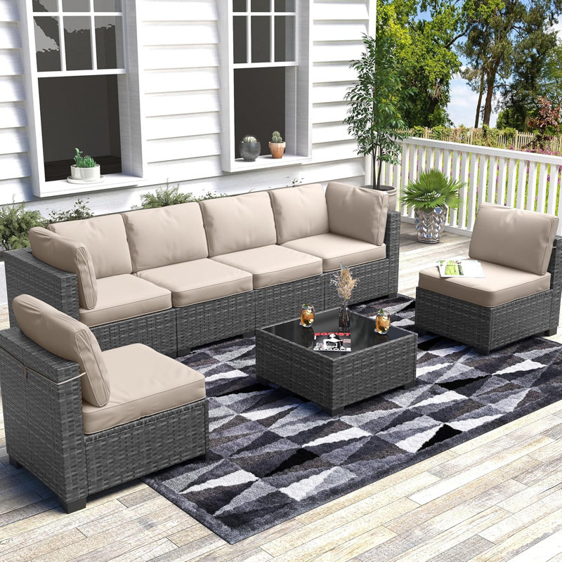 7 Pieces Outdoor Patio Furniture Set, Wicker Sectional Sofa Set Modular Conversation Couch Set with Cushions & Coffee Table