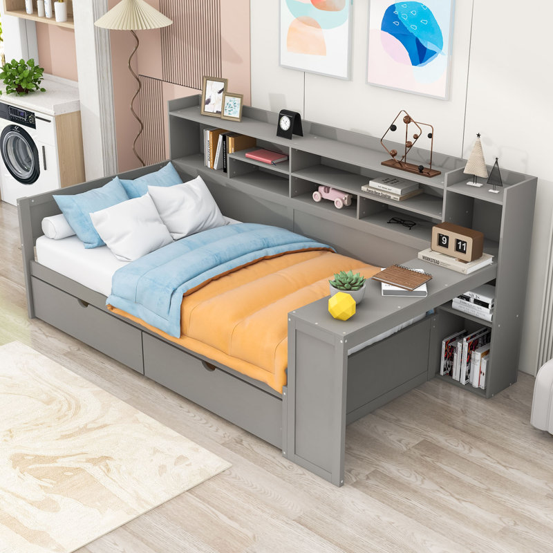 Lit de jour à deux tiroirs en bois avec tablettes de rangement et bureau, Double