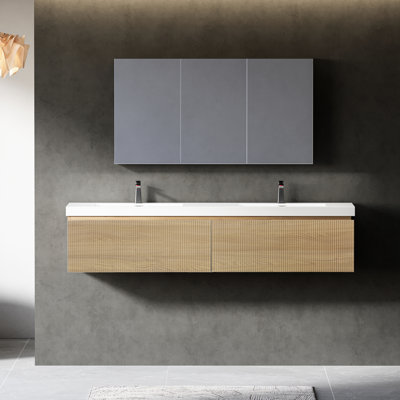 Meuble-lavabo flottant 72 po avec lavabo 72 po, tiroirs en chêne naturel texturé, tiroir à fermeture en douceur, armoire murale, lavabos à surface solide blanc brillant, armoire rayée pour salle de bain entièrement assemblée