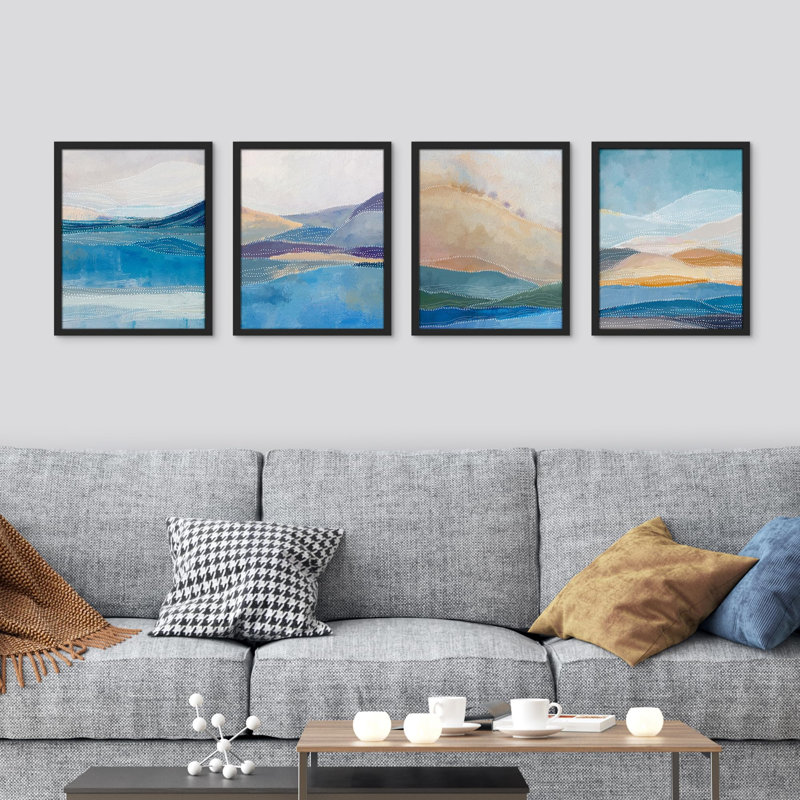Pastel Blue Beach Shore Landscape - Ensemble de 4 reproductions de cadres photo simples, Noir, H 10 po x l 8 po