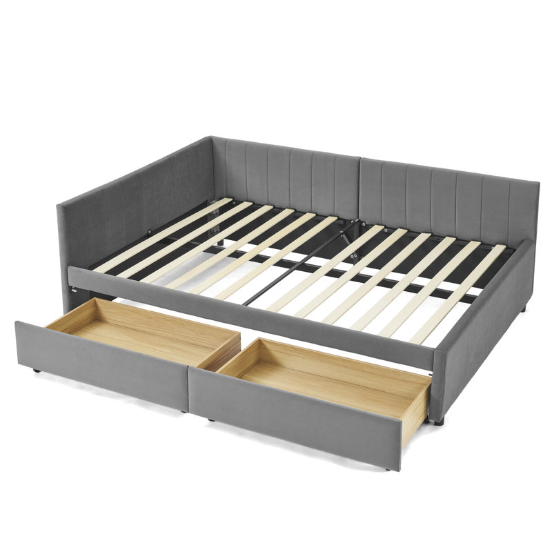 Structure de lit en velours gris, taille double avec deux tiroirs et rayures verticales, option de sièges confortables, convient aux espaces de vie de café, aux cas d'utilisation multiple, au bureau