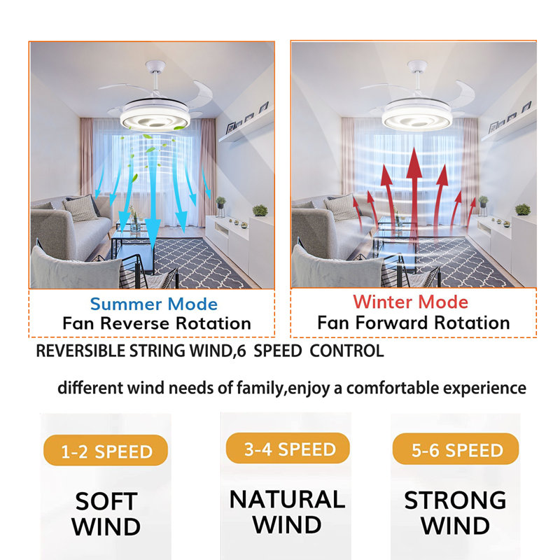 Ventilateur de plafond de 42 po à 4 pales rétractables DEL avec télécommande et ensemble d'éclairage inclus